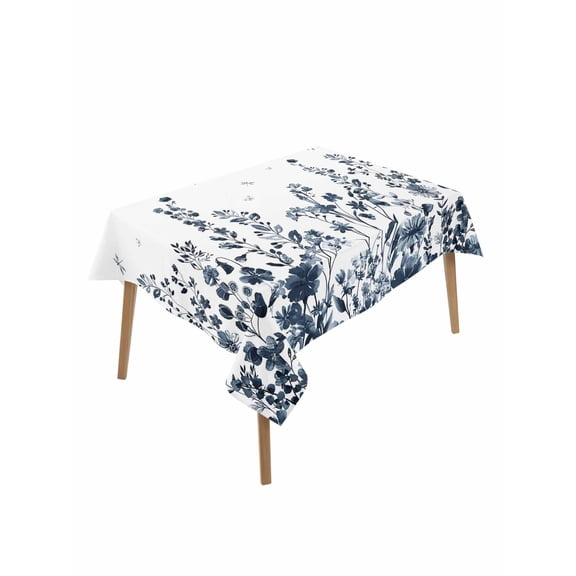 Blue Botanical Table Cloth, Dragonfly Flower Leaf Retro Ink Style Waterproof Tablecloth for Rectangle Tables, Reusable Washable Fabric Table Cover for Restaurant Kitchen Dining Tables 52"x70"