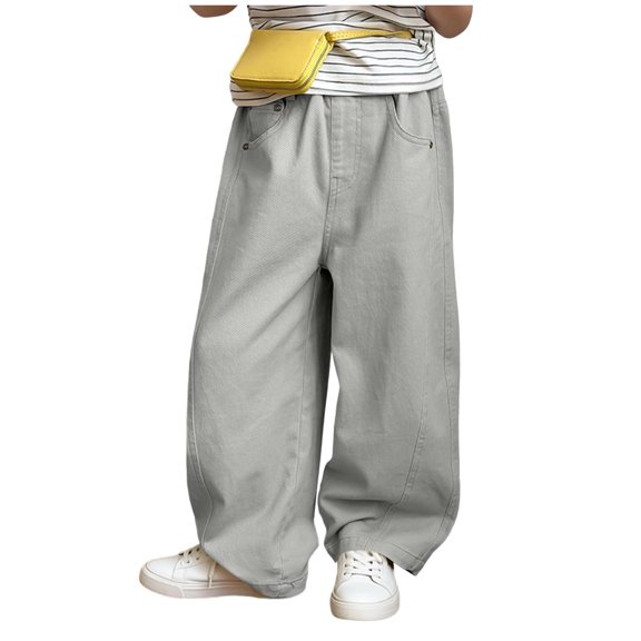 Riecok Wide Leg Pants for Boys Elastic Waist Pants Lightweight Solid Pull on Trousers Casual Outerwear with Pockets