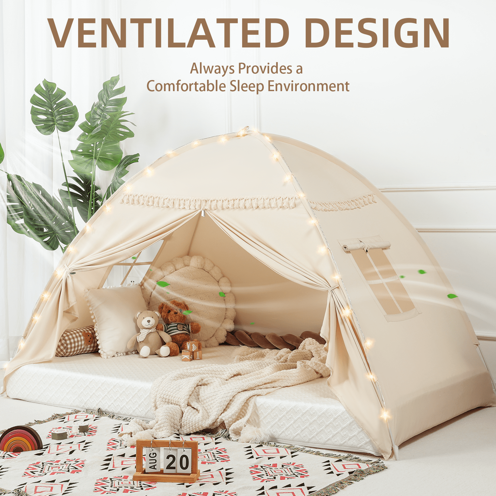 SweHouse Toddler Bed Canopy Lights & Flags  Sleeping Playhouse Tent, Portable Indoor Privacy Play Space. Foldable Drafty Room Play Tent for Boys & Girls, Kids Birthday Gifts (Golden Beige)