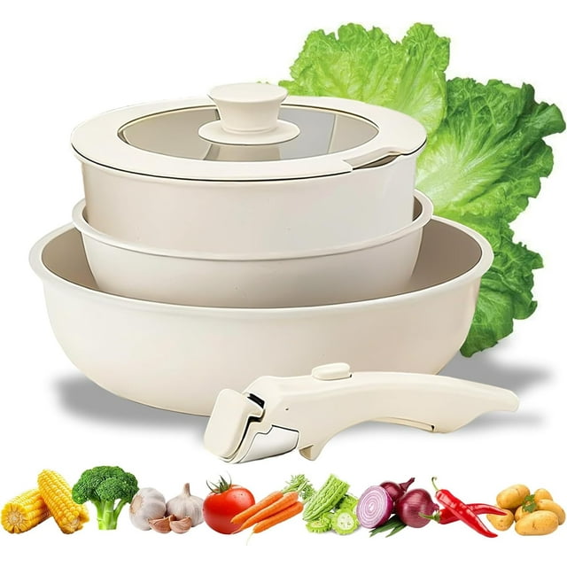 Pots and Pans Set Non Stick, 5/11/15 Piece Cookware Detachable Handle Set, Stackable Nonstick Cooking Sets for Kitchen, Easily Clean, Suitable for Kitchen, RV, Oven & Induction (5PCS)