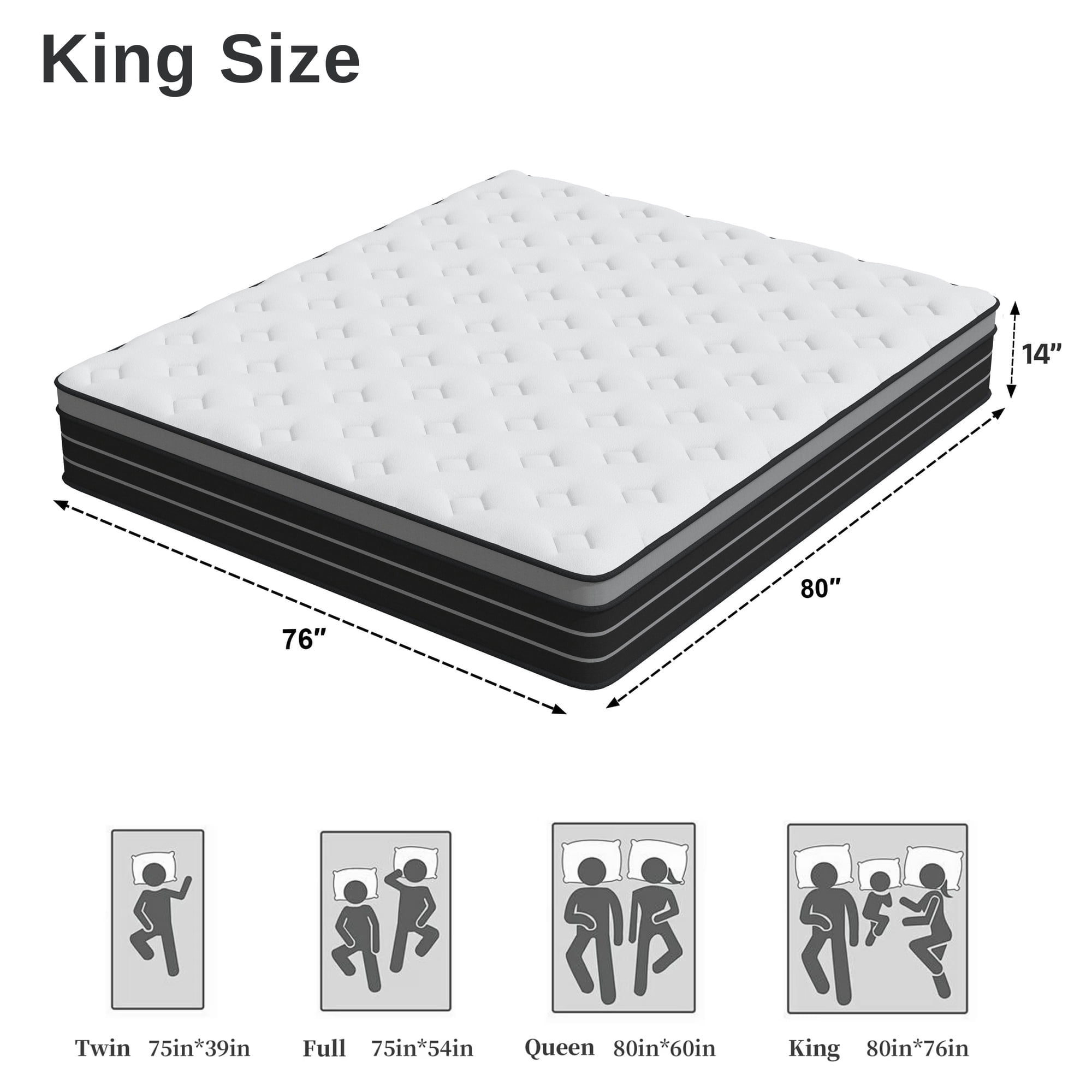 King Mattress, 14 Inch Hybrid Innerspring Mattress for Pressure Relief, Motion Isolation, Medium Firm, CertiPUR-US Certified