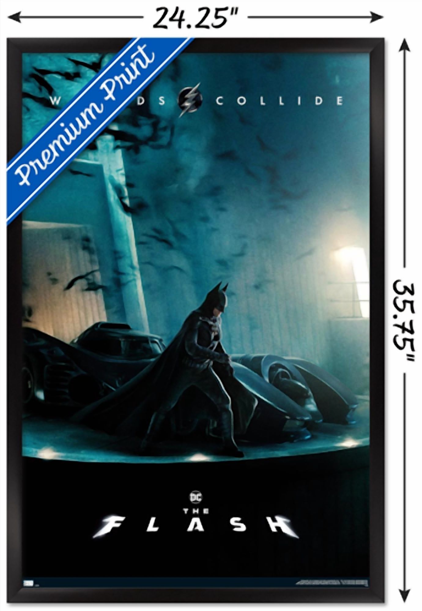 DC Comics Movie The Flash - Batman and Batmobile One Sheet Wall Poster, 22.375" x 34" Framed