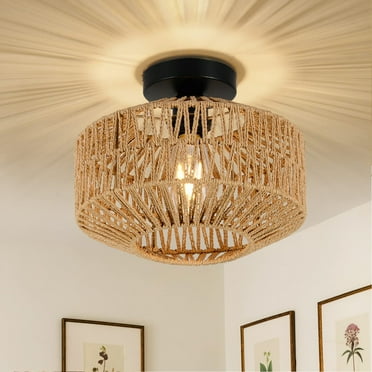 DONGPAI Rattan Light Fixtures Ceiling Mount, Boho Flush Mount Ceiling Light with LED Bulb, Hand Woven Rustic Ceiling Light for Hallway Bedroom Kitchen Entryway Living Room
