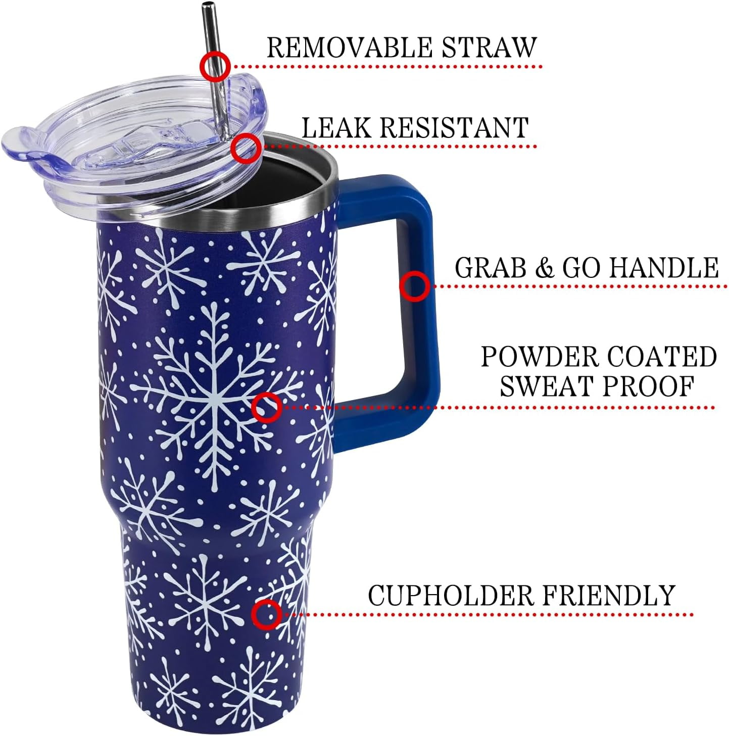 Christmas Tumbler with Handle and Straw Lid 40 oz,Cute Christmas Gifts for Women Blue Snowflakes Vacuum Insulated Leak Proof Tumbler,Winter Holiday Accessories Stainless Steel Coffee Cup Mug