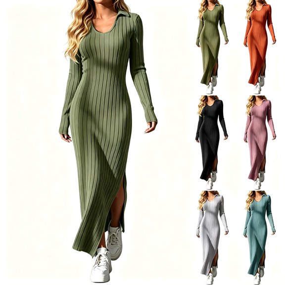 Tqcoqu Women's Solid Ribbed Knit Maxi Dresses,Lapel V Neck Long Sleeve Slim Fit Dress,Side Slit Business Elegant Maxi Dress,Army Green Women's S-XXL