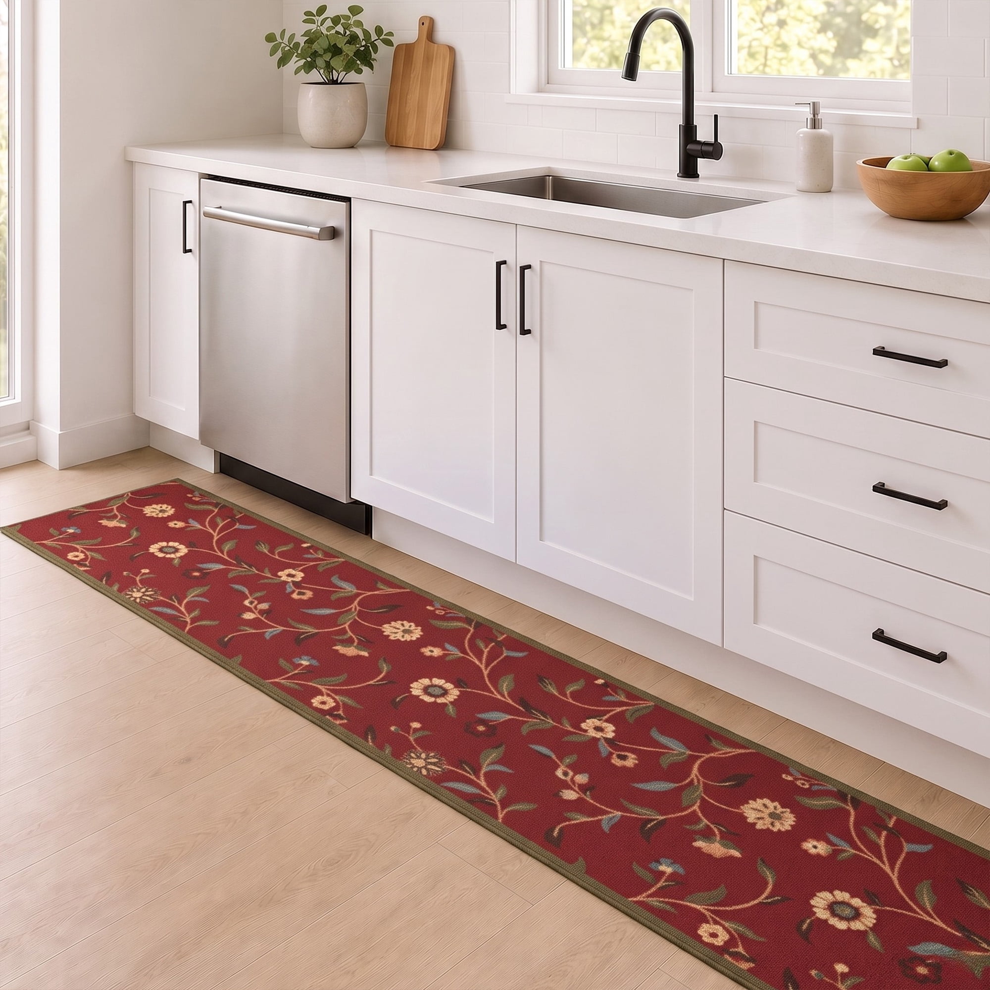 Ottomanson Extra Long Runner Rug 1'10.5" x 25' – Non-Slip Low Pile Hallway Carpet, Floral Red