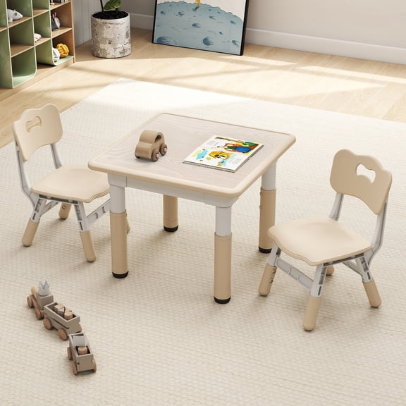 CuFun Kids Table and 2 Chairs Set, Height-Adjustable Toddler Table and Chairs Set with Graffiti Desktop, Suitable for daycare centers, homes, and kindergartens