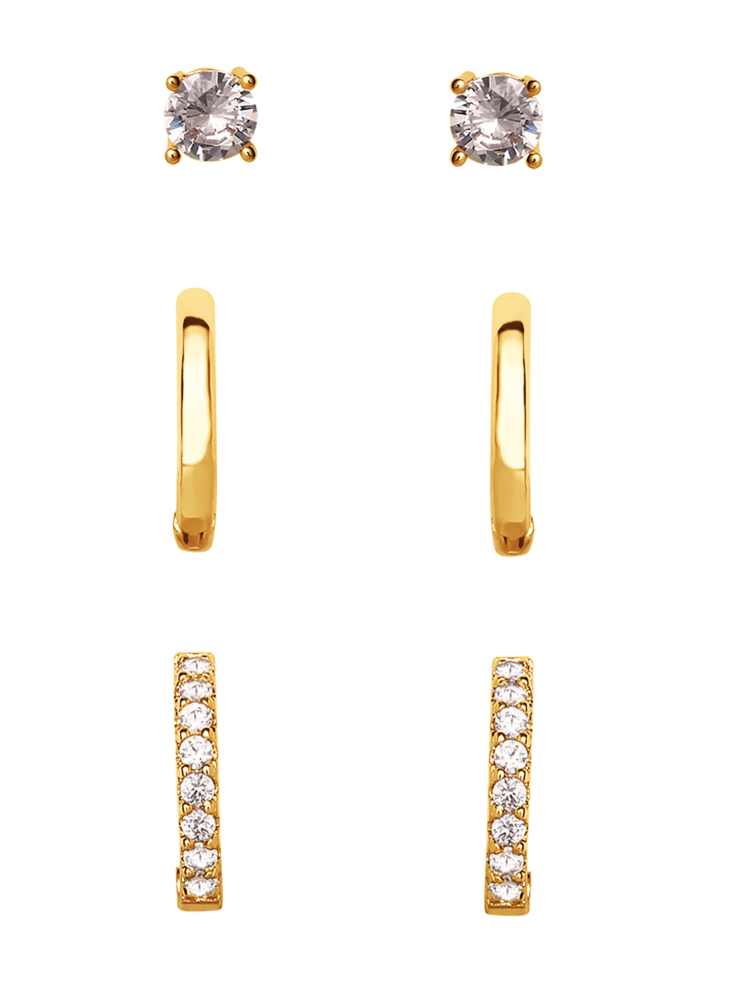 Believe by Brilliance Women's Brass 14kt Gold Flash Plated Cubic Zirconia Stud, Hoop, and Polished Earring Set