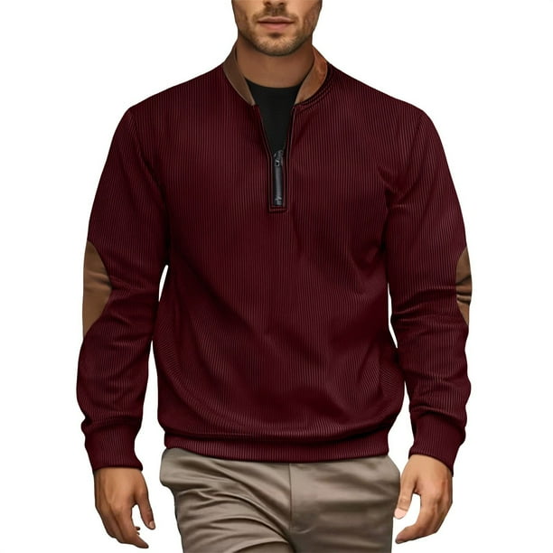 Blusa y camisa de manga larga con cuello alto para hombre, informal, de color liso, con cremallera, de manga larga y cuello alto, de poliéster.