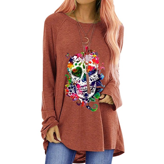 MAWCLOS Haut Haut Bas à Longe Bas Ourlet Quotidien Blouse de Tunique Imprimé Crâne Brun M