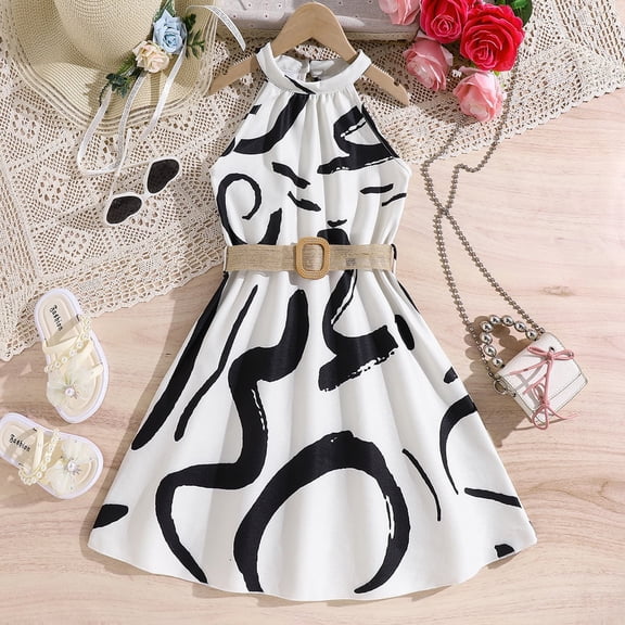 JUoaLXG Toddler Girls Casual Dresses Summer Letter Print Crew Neck Sleeveless Floral Print Kids Dress Activewear,White,9-10 Years