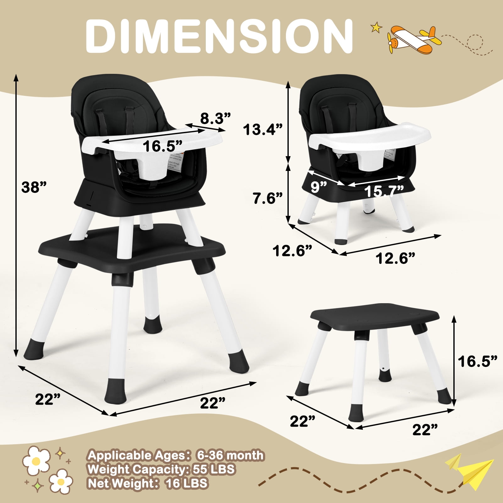 AILEEKISS 8 in 1 Baby High Chair, Toddler Dining Booster Seat for Eating, Black
