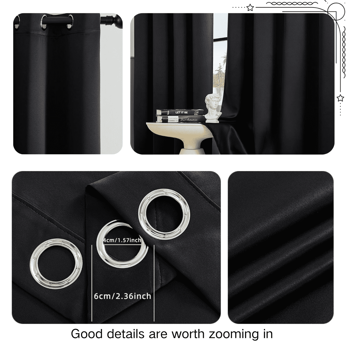 SpaceMuse Modern Blackout Curtains 52 X 96 inch, 2 Panels 90% Blackout Black Tie Top Single Indoor Curtain Panel Thermal Insulated Light Blocking Drapes