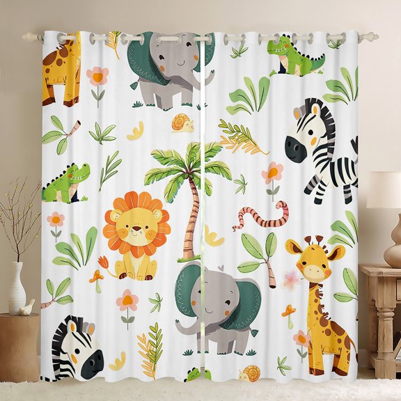 jejeloiu Wild Zoo Animal Curtains Pack of 2 (42x84 Each),Cute Elephant Lions Curtains Blackout,Hawaii Coconut Tree Bedroom Curtains For Girls Kids,Super Cozy Room Decor