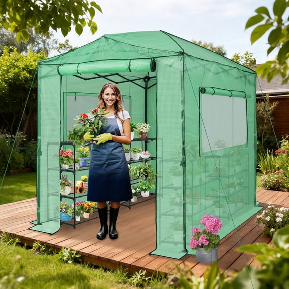 EAGLE PEAK 8'x6' Portable Walk-in Greenhouse Instant Pop-up Fast Setup Indoor Outdoor Plant Gardening Greenhouse , Front and Rear Roll-up Zipper Entry Doors and 2 Large Roll-up Side Windows