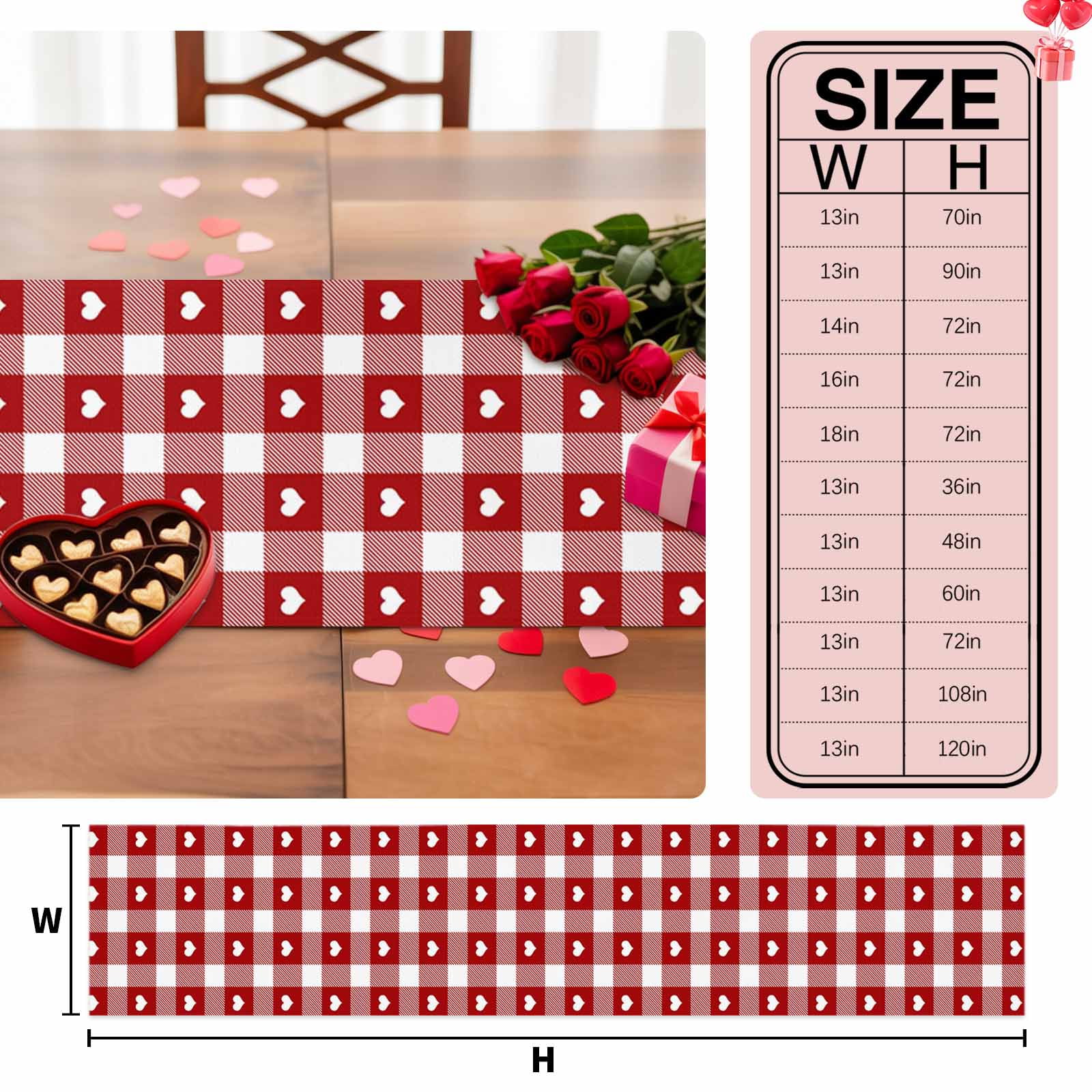 Valentine's Day Cotton Linen Table Runner Romantic Love Heart Red White Plaid Dining Table Runners for Home Decor Party Dining Room Restaurant Kitchen Party 13" x 90"