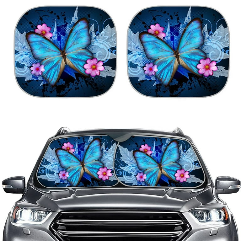 FKELYI Floral Blue Butterfly Car Accessories Set of 2 Aesthetic Sunshade  for Car Windshield Fit for Auto Cars SUVs Vans Trucks Folding Sun Shade  Front Window Protections 