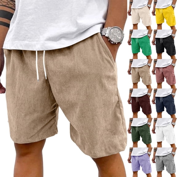 Men's Summer Corduroy Shorts Drawstring Elastic Waist Casual Loose Fit Beach Knee Length Shorts Khaki L