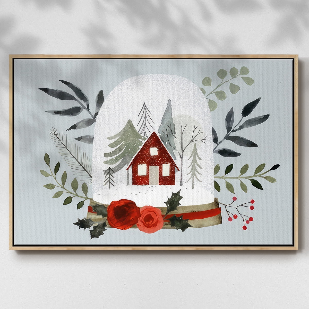 Snow Globe Village Collection A - Framed Gallery Wrapped Holiday Canvas - 25 x 37 - Natural Wood Frame