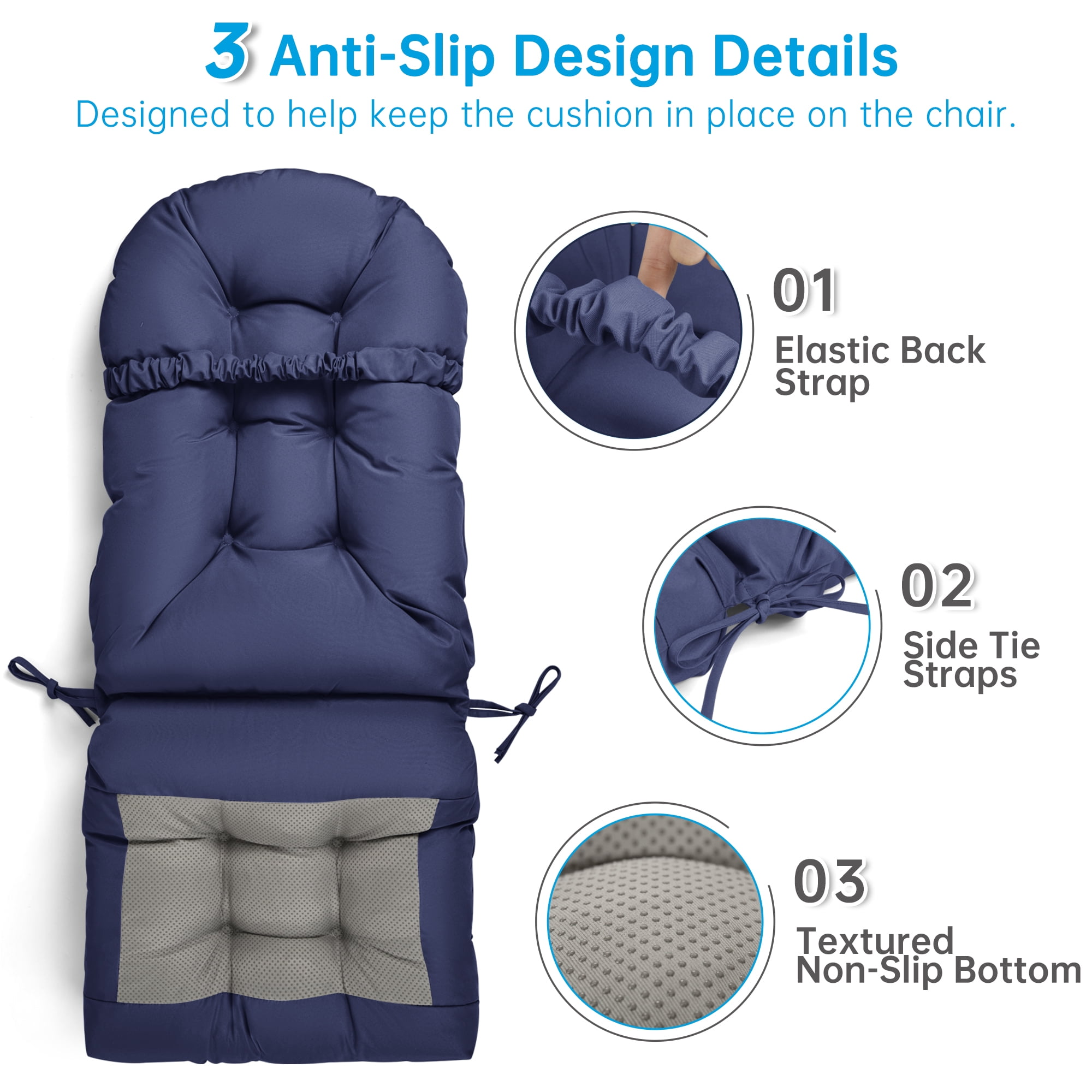 Millsilo Outdoor Rocking Chair Cushion 44" x 19" x 4", Summer Patio High Back Rocker Cushion, Water-Resistant, UV Fade-Resistant, Non-Slip Bottom, Dark Blue