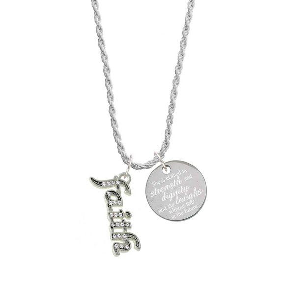 Delight Jewelry Silvertone Crystal Script ''Faith'' She is Clothed in Stength and Dignity Charm Necklace, 20" 3"