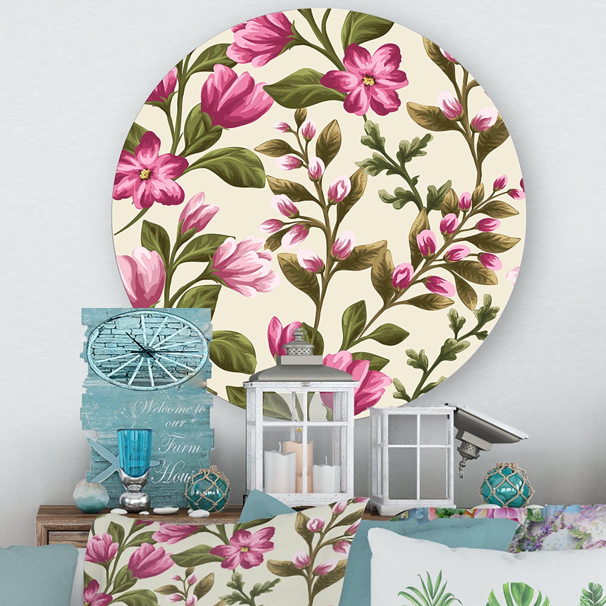 Designart 'Pink Vintage Wildflowers' Traditional Circle Metal Wall Art 11x11 - Disc of 11