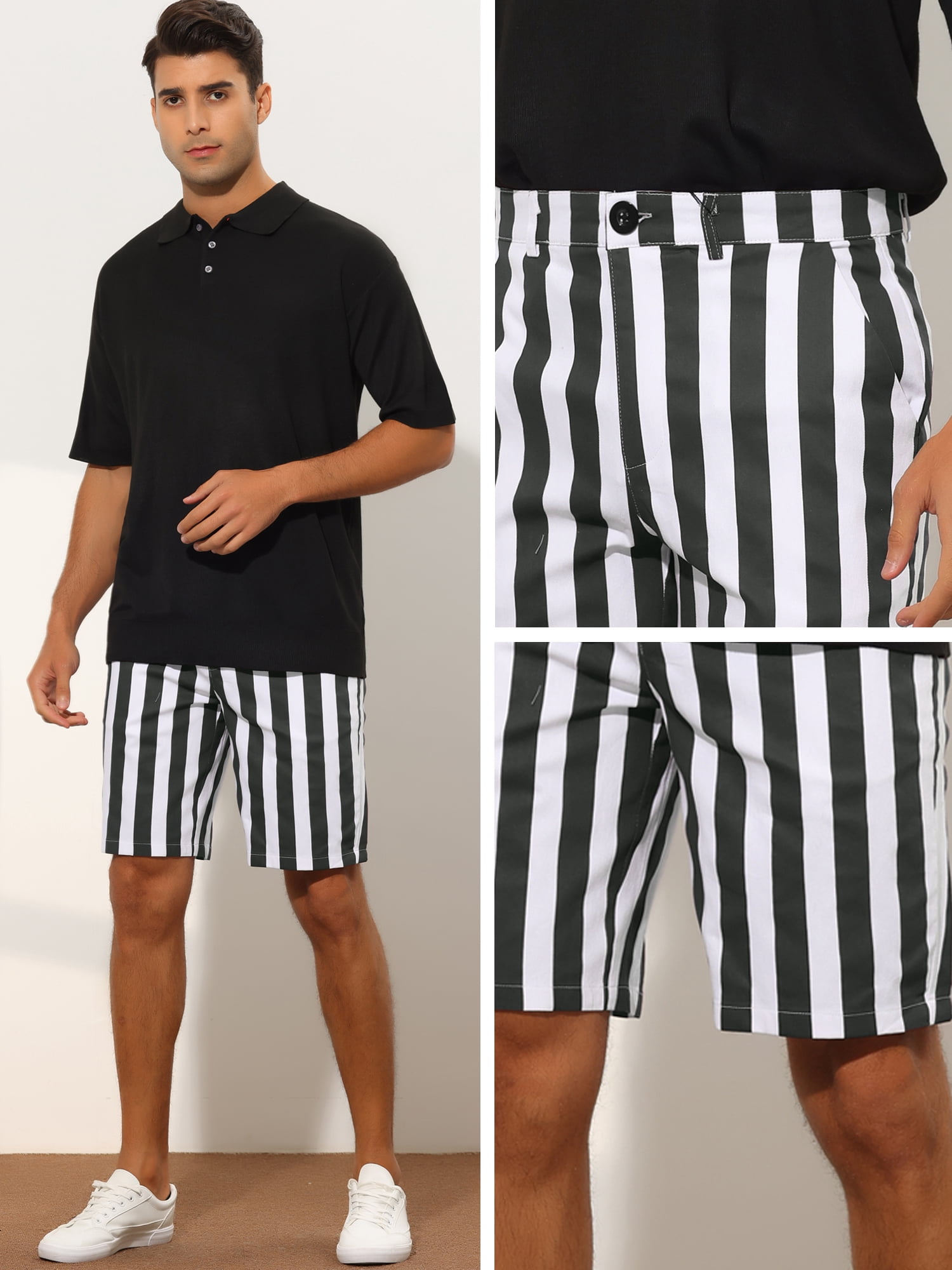 Unique Bargains Men's Striped Shorts Summer Regular Fit Business Flat Front Shorts 28 Black