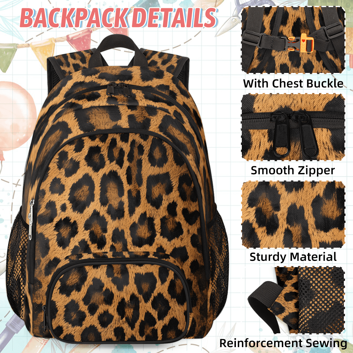 Herdesigns Leopard Print Backpack with Lunch Box Wild Safari Skin Pattern Lightweight Large Travel Work Laptop Backpacks Set Casual Daypacks