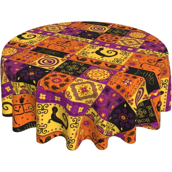 Round Tablecloth 60 Inch, Ethic African Tribal Print Tablecloth Plaid Patchwork Table Cloth Washable Wipeable Polyester Fabric Table Cover for Farmhouse Holiday Party Outdoor Picnic Kitchen Decor