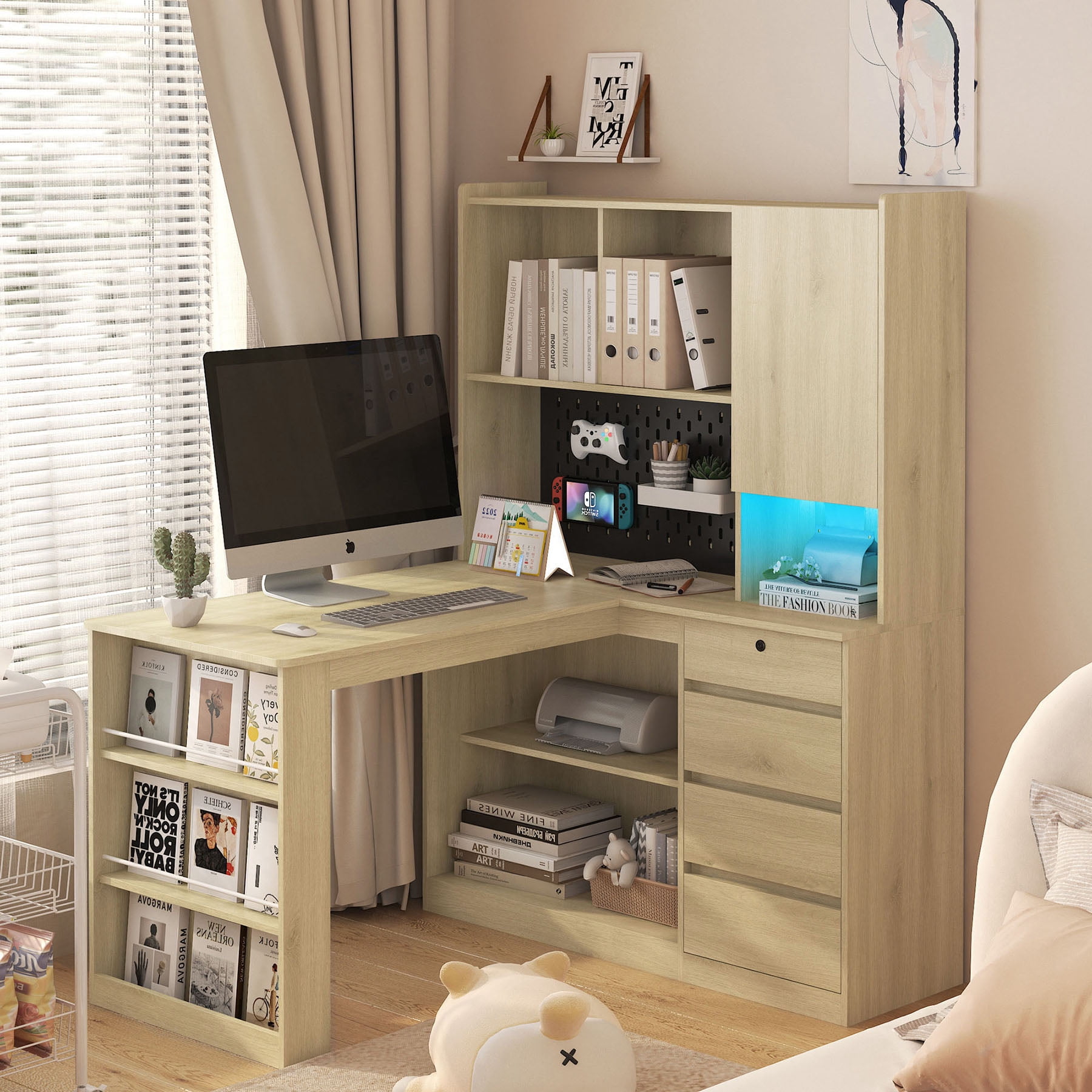 S-HOME L Shaped Desk With Charger And LED Light,  Home Office Desk With Drawers And Bookshelf, Corner Gaming Desk