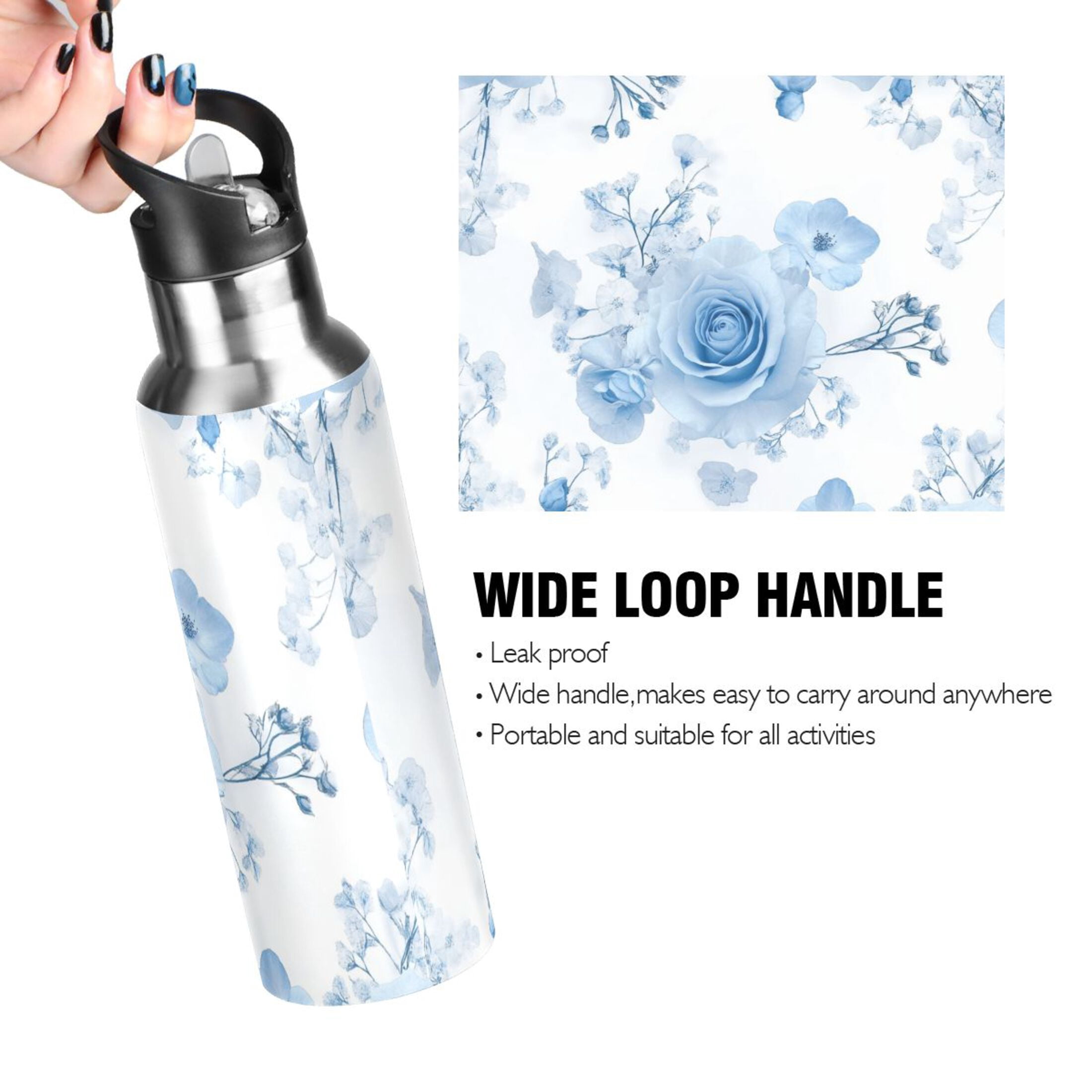 Babysbreath and Blue Roses Sports Bottle with Straw Stainless Steel Water Jug Portable Thermal Cup Leak-proof 1000ML