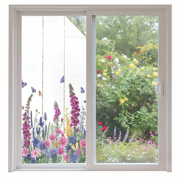 Watercolor Wildflowers Window Privacy Film, Country Botanical Florals Butterfly Static Cling UV Sun Blocking Heat Control Window Tint Day and Night, Non-Adhesive One Way Privacy Cover 35.4''x78.7''