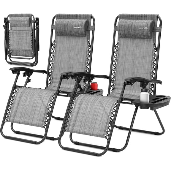 SereneLife Zero Gravity Chairs Set of 2 - Adjustable Outdoor Lounge Chairs with Side Tray, Cup Holders, Removable Pillows, Folding Portable Camping Chairs for Patio, Backyard, Beach - Charcoal