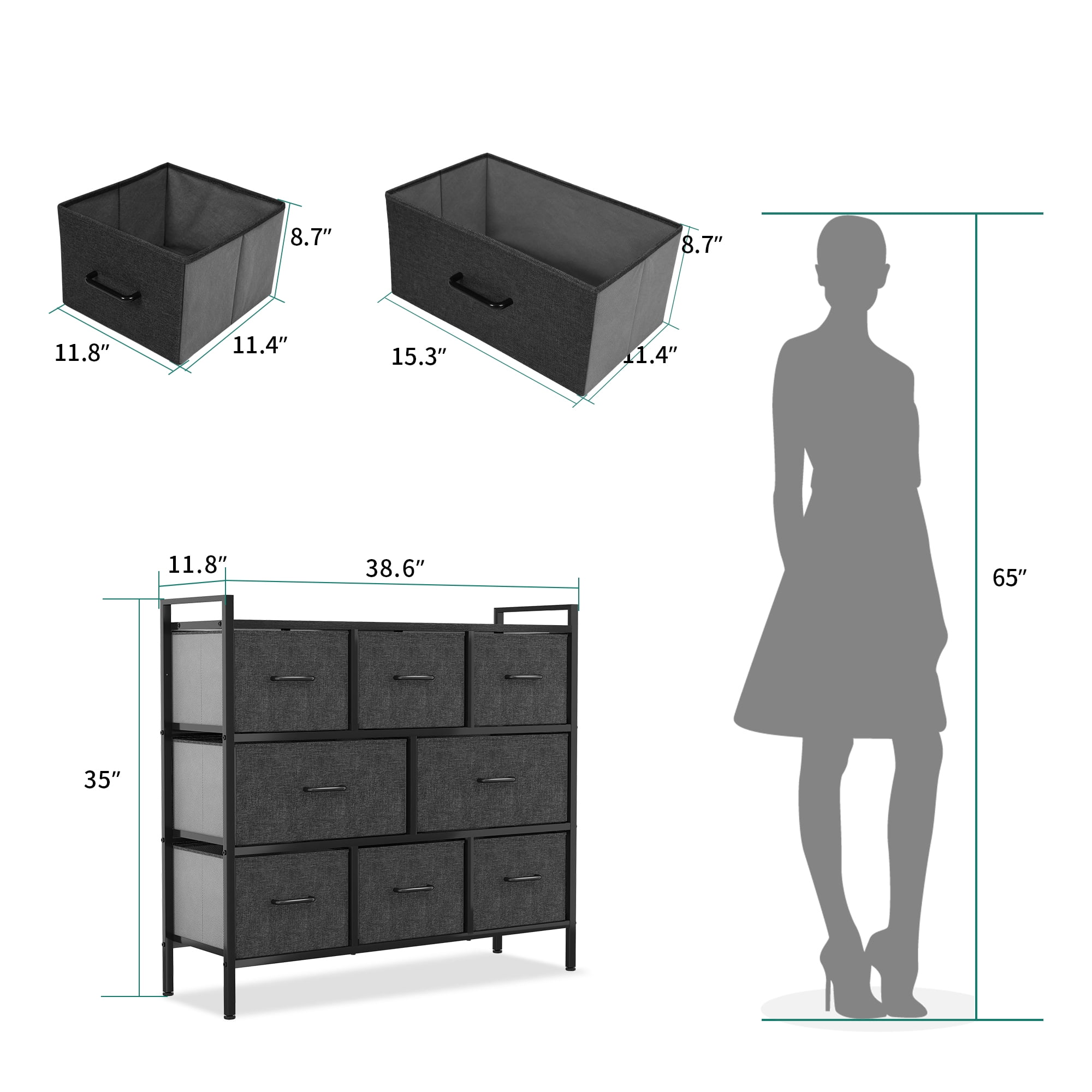 Uforic 8 Drawers Fabric Dresser for , Hallway, Closet, Office Organization, Black Grey