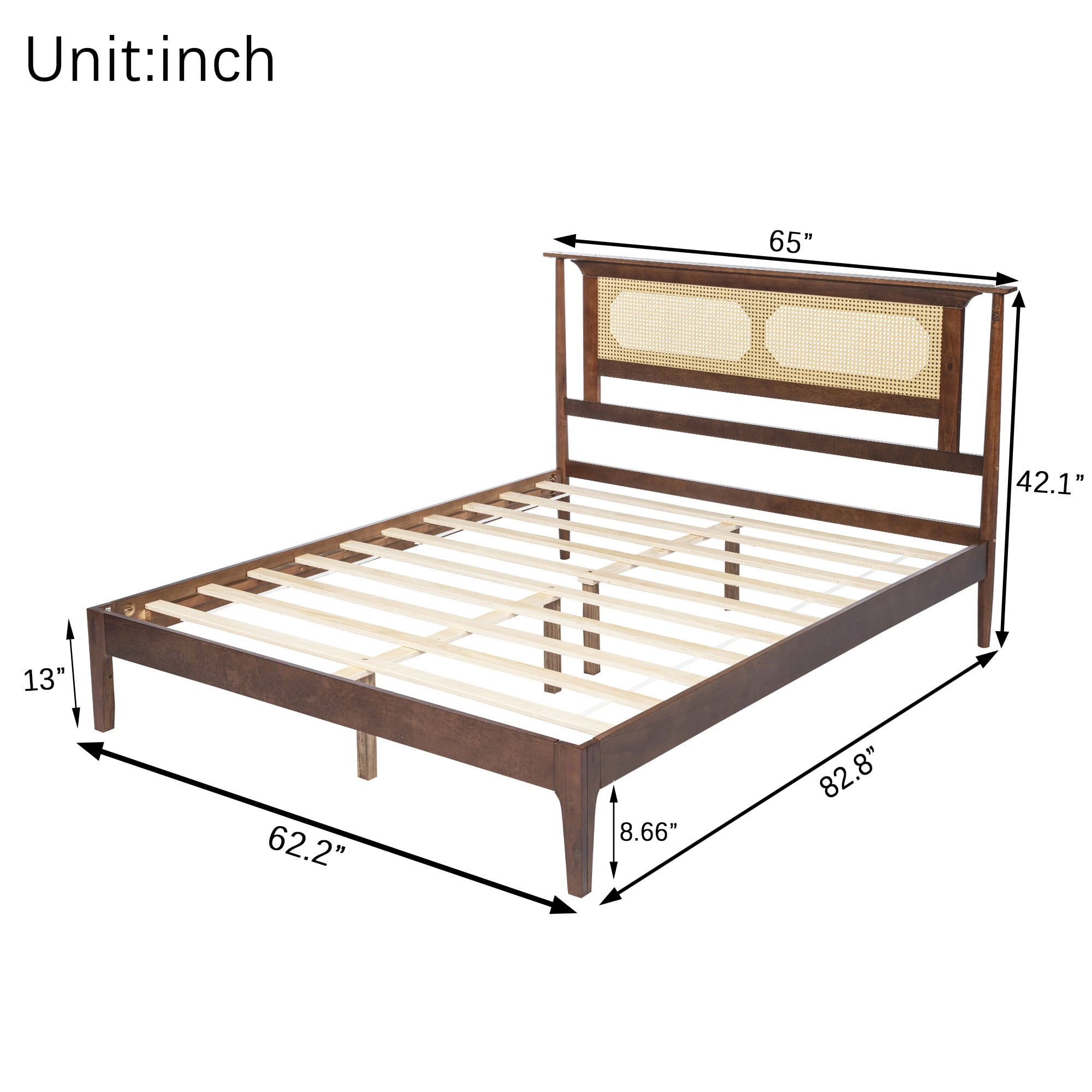 Miniyam Queen Bed Frame with PE Rattan Headboard, Pine Platform Bed, Walnut
