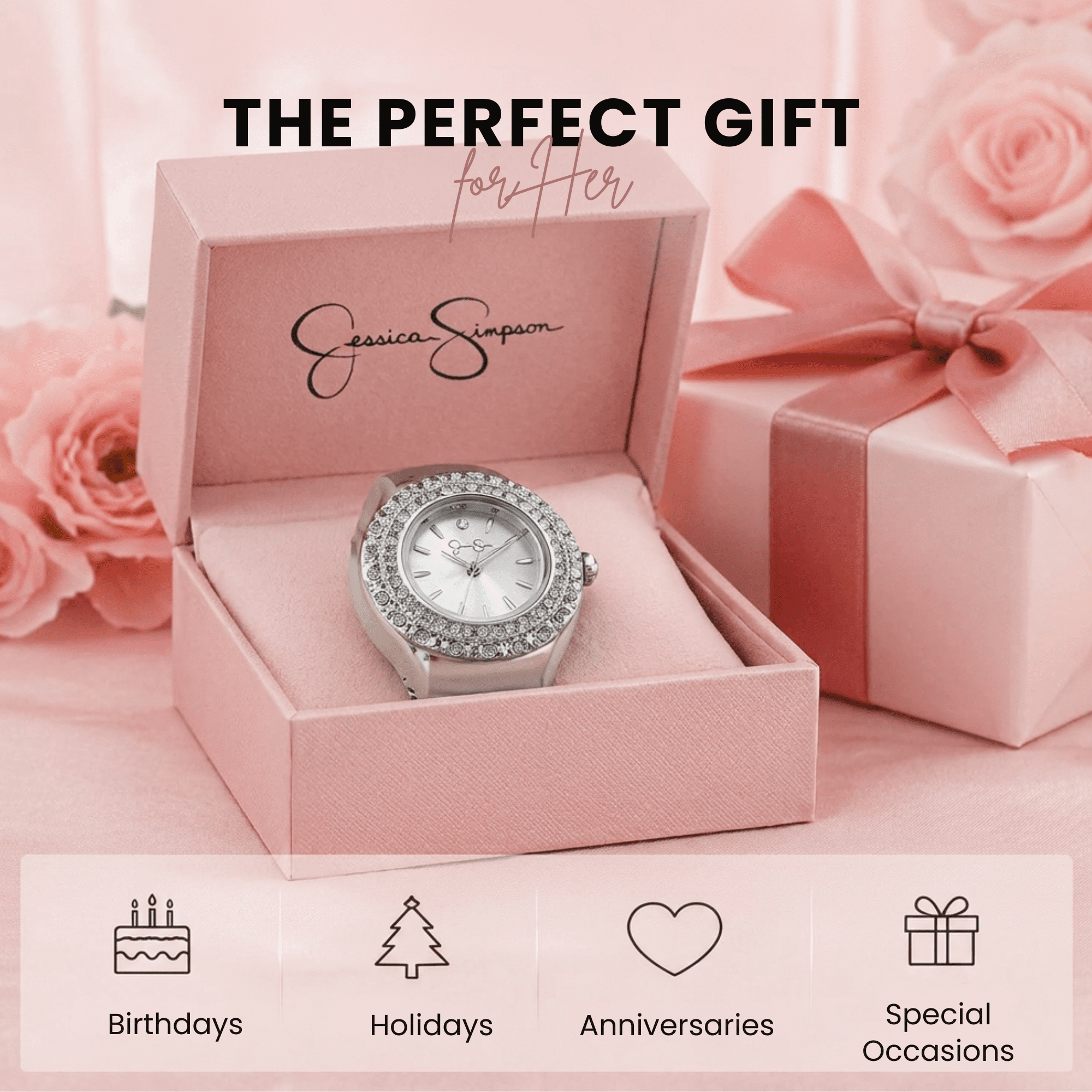 Jessica Simpson Women's Silver Adjustable Ring Watch – Crystal Bezel, Quartz Analog Mini Dial, Stretch Band Fashion Jewelry Accessory