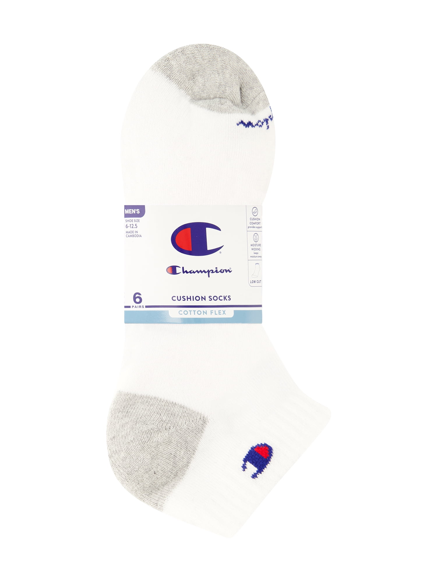 Champion Men’s Low Cut Socks 6 Pack – Half Terry Cushion, Moisture-Wicking, Arch Support, Stretch Comfort, Sizes 6–12.5