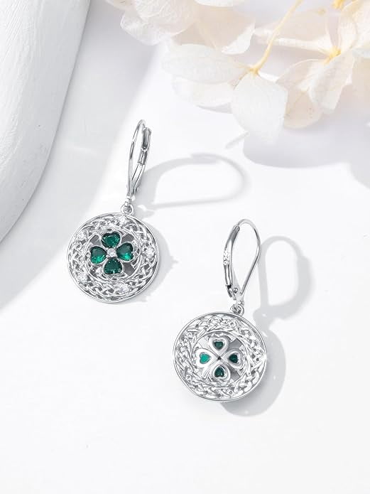 CACA LADY St Patricks Day Earrings Shamrock Earrings for Women 925 Sterling Silver Four Leaf Clover Earrings