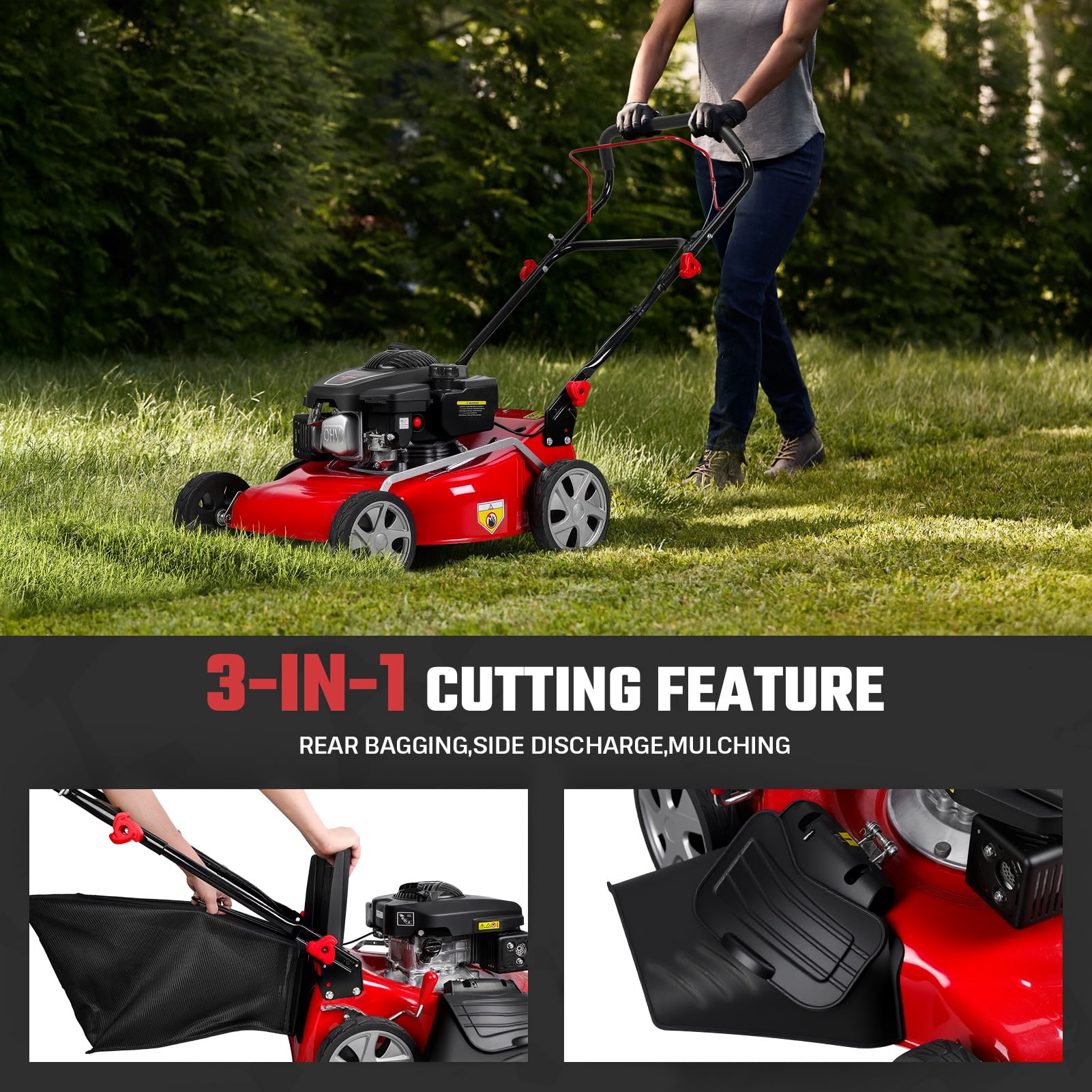Lawn Mower Happydeer 131cc Gas Self-Propelled Lawn Mower, 3 in 1Rear Wheel Drive with 50L Grass Catcher Bag, 46cm Cutting Width, Big Wheels
