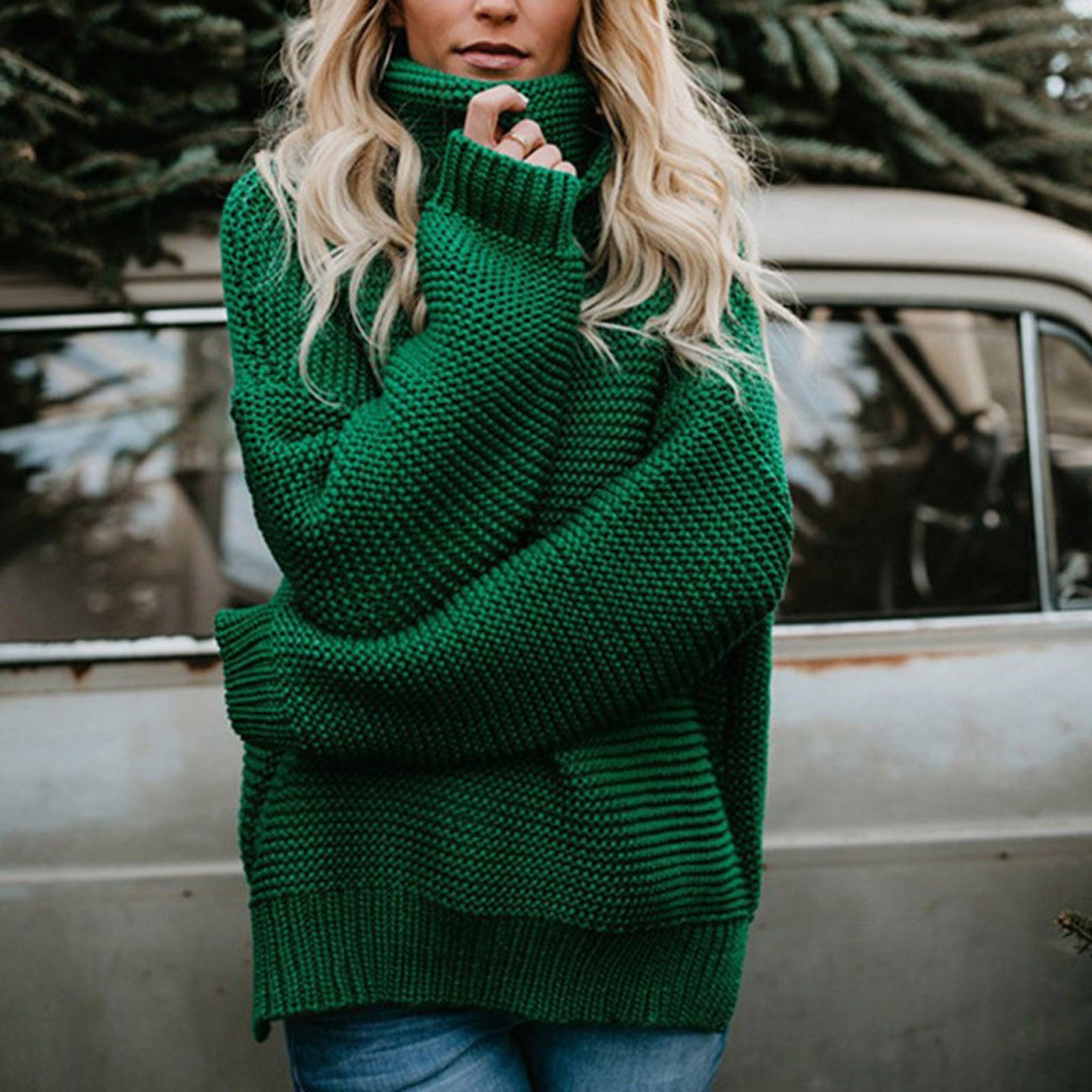 Zodggu Thick Line Knitted Long Sleeve Turtleneck Sweaters Blouse Womens  Plus Casual Solid Color Casual Fashion Ladies Sweaters Female Leisure Green  S