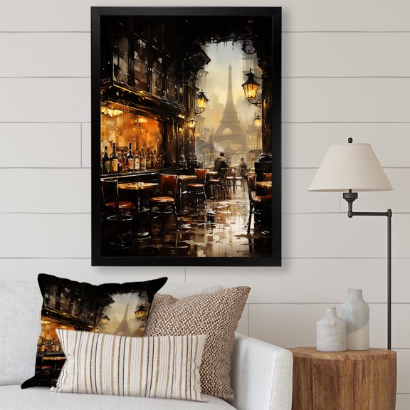 Designart "Elegance of Paris Cafe View" Cityscapes Framed Wall Art - Industrial Yellow Paris Entryway Framed Wall Art