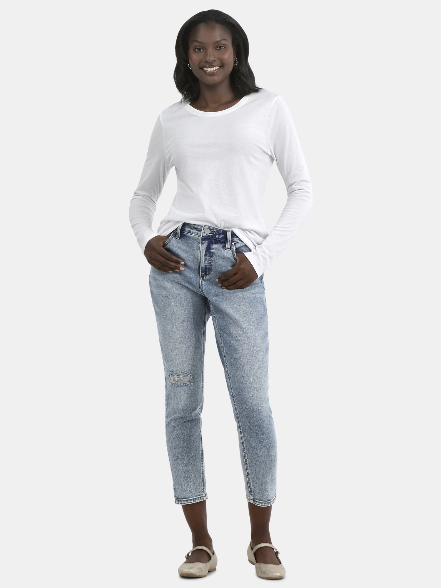 Time and Tru Women's Cotton Crewneck Tee with Long Sleeves, Sizes XS-XXXL