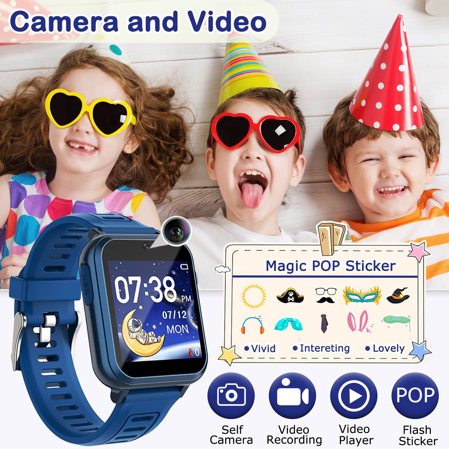 Vakzovy Kids Smart Watch with 24 Puzzle Games, HD Touch Screen, Camera, Music Player, Pedometer, Alarm, Gift for Boys 4-12