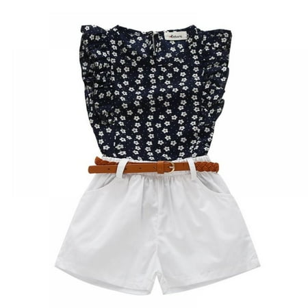 

Toddler Girls Summer Floral Print Sleeveless T-shirt Top+ Short Pants Sets 2-7Y