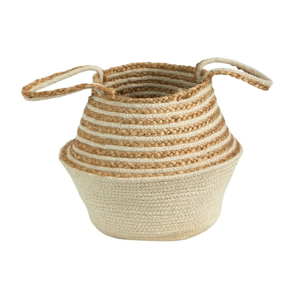 Nearly Natural 14" Boho Chic Belly Basket Natural Jute and Cotton Basket Planter, Cream Cotton Bottom Natural Top with Handles