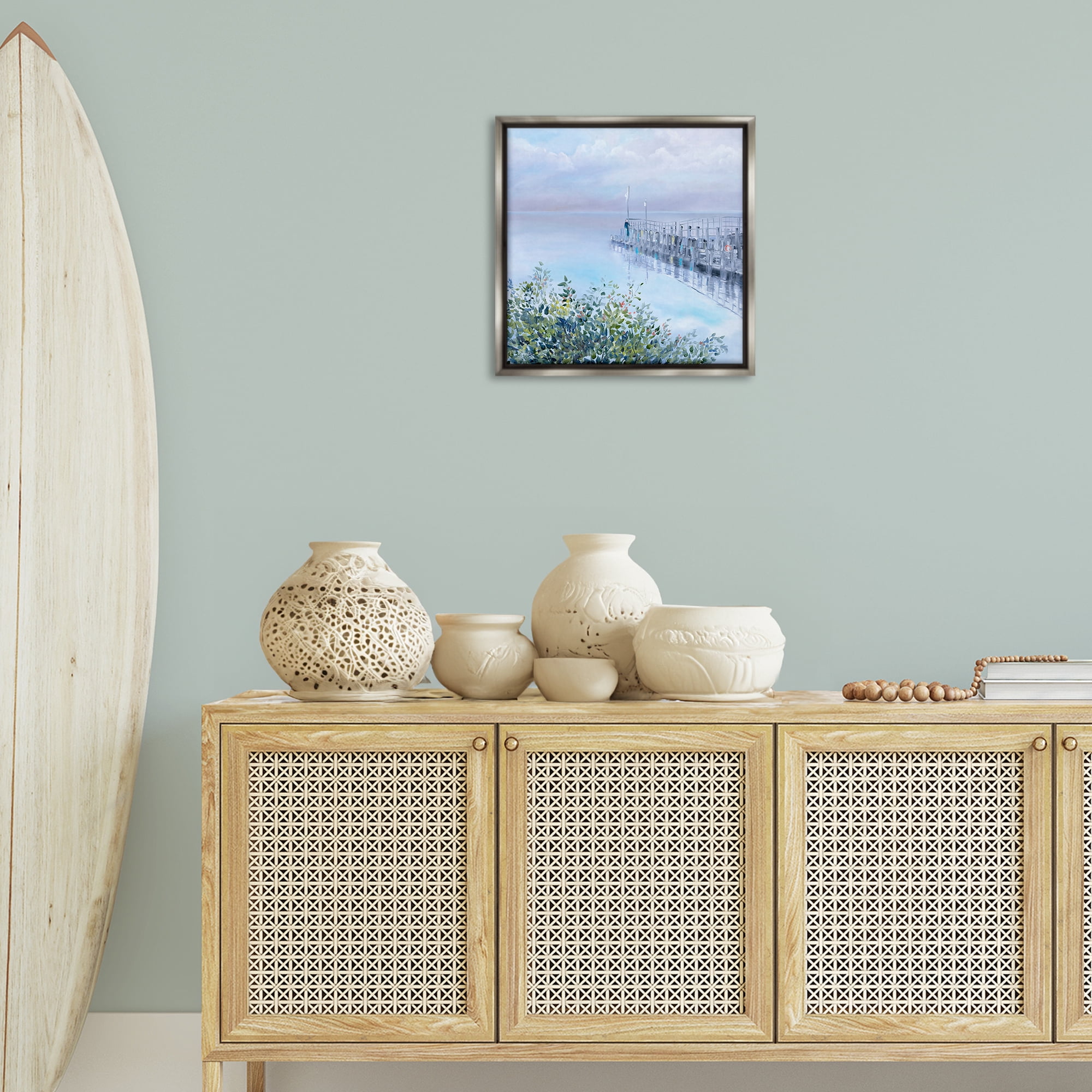 Stupell Industries Foggy Harbor Dock Landscape Painting Gray Floater Framed Canvas Art Print Wall Art, 18 x 18