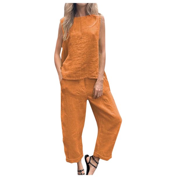 Conjunto de dos piezas de lino y algodón de color liso para mujer: top sin mangas y pantalones anchos, corte holgado informal