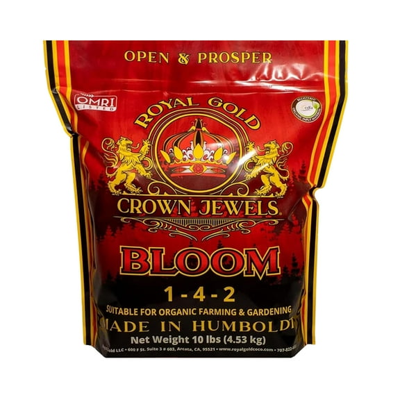 Royal Gold Crown Jewels Organic Bloom 1-4-2 Dry Soluble Fertilizer, 10 lbs - for Feeding Flowering Crops to Produce Vigorous Blossoms and Optimal Plant Development