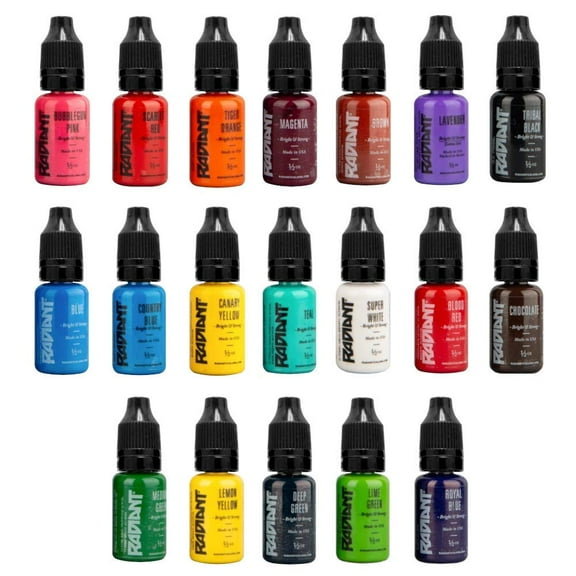 Radiant Colors 19 Popular Colors Tattoo Ink Set - Tattooing Inks Fluid Vegan Pigments 19 x 1/2oz Bottles