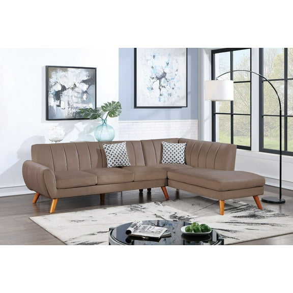 Classic Velvet Fabric 2pc Sectional Set Living Room Furniture Light Brown Sofa And Chaise w Pillows Clean Lines Cushion Couch